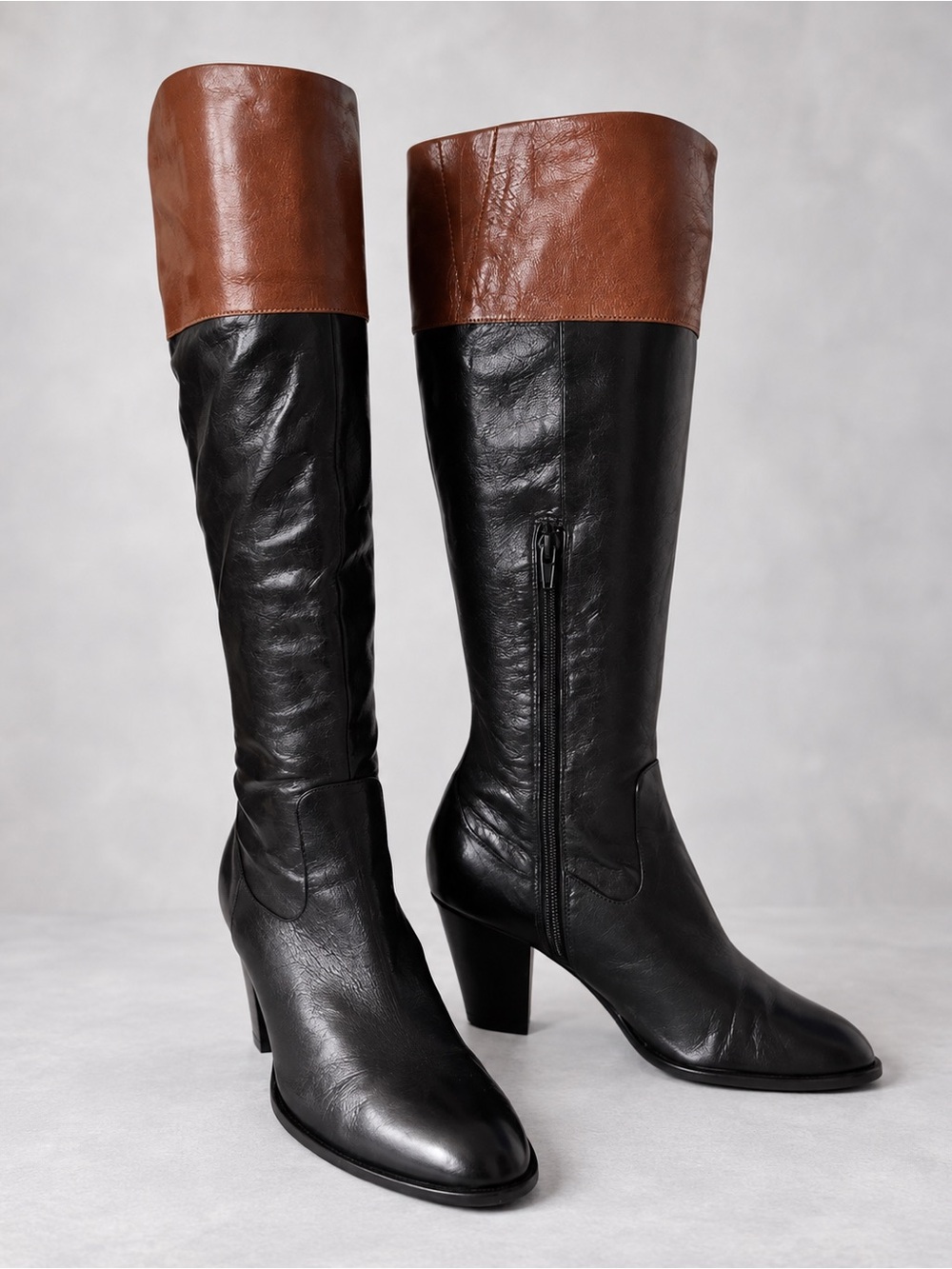 Caressa Greer Vintage Leather Knee High Boots Black Brown Mod 70s Boho Size 7